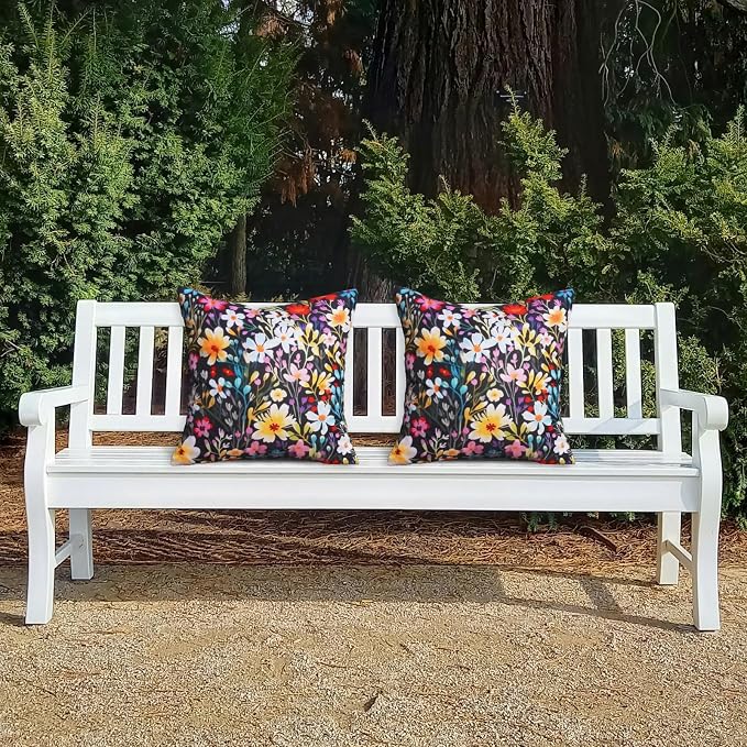 Outdoor Floral Throw Pillow Covers 18x18 Inch Set of 2 Black Waterproof Flowers Decorative Spring Summer Holiday Patio Cushion Cases for Patio Furniture Garden