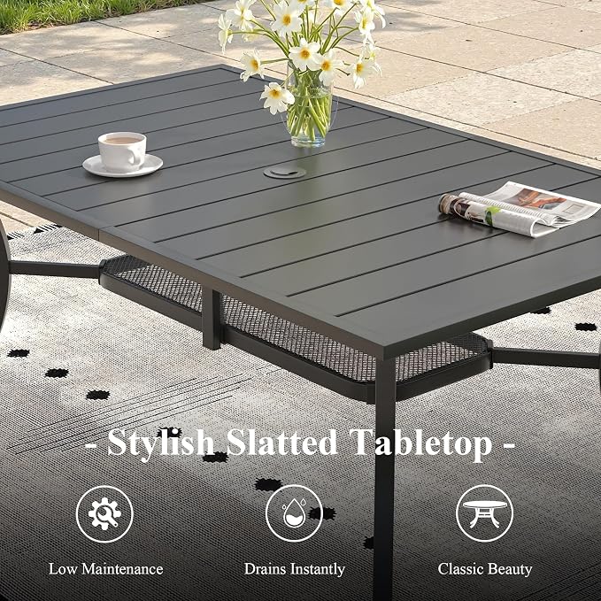 7 Pieces Outdoor Dining Set, Stackable Textilene Patio Chairs & 59.2" Rectangle Dining Table with Umbrella Hole and Shelf, Patio Dining Set for Backyard, Deck, Garden, Grey & Black