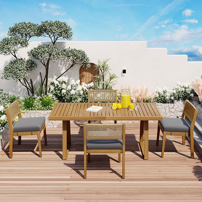 RUNNA Modern Acacia Wood Outdoor Dining Table and Chairs Set with Thick Cushions, Elegant Patio, Balcony, Garden Furniture for Entertaining (Gray-A2)