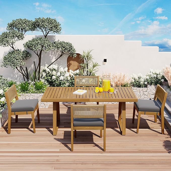 Modern 5 Pieces Patio Dining Table Set, Acacia Wood Dining Table and 4 Chairs,Outdoor Indoor Furniture Set for Garden, Backyard, Balcony (Gray)