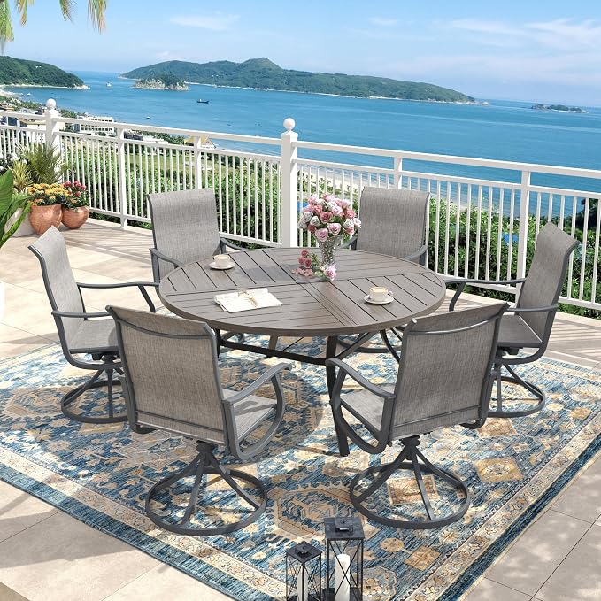 Outdoor Dining Set for 6, 50.1" Metal Round Outdoor Dining Table with Umbrella Hole and Sling Patio Swivel Chairs, 7 Pieces Patio Table and Chairs Set for Garden Backyard, Grey