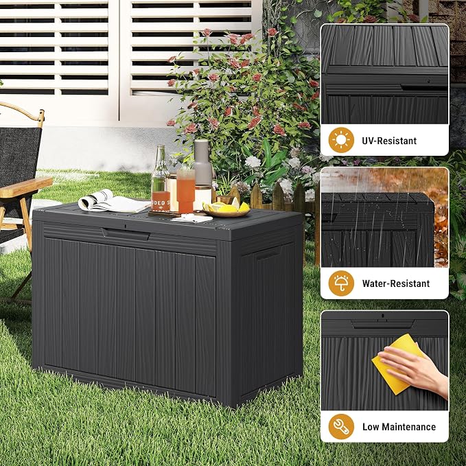 Mars Villa 45 Gallon Deck Box, Resin Outside Storage Box Waterproof for Patio Furniture Pillows, Pool Supplies, Gardening Tools, Indoor and Outdoor, Weatherproof and UV Resistant, Black