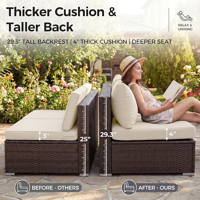 NICESOUL 7 Piece Outdoor Patio Furniture Set with Fire Pit Table Natural Gas & Propane Convertible, 29.3'' High Backrest Deep Wide Seating Conversation Sets, Wicker Sectional Couches, Brown & Beige