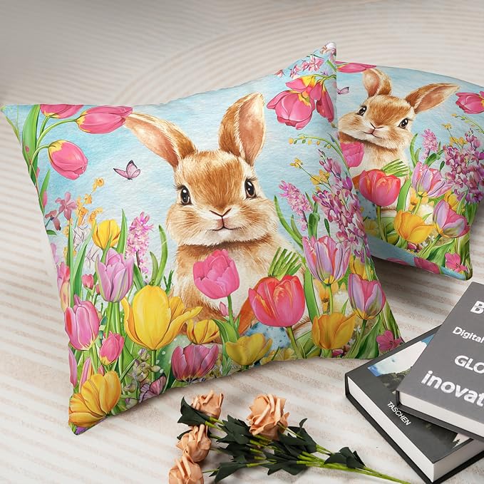 Easter Bunny Pillow Covers 18x18 Set of 2 Lovely Rabbit with Tulip Throw Pillow Covers Spring Pillow Case Floral Cotton Blend Cushion Case for Easter Decor Sofa Patio Garden
