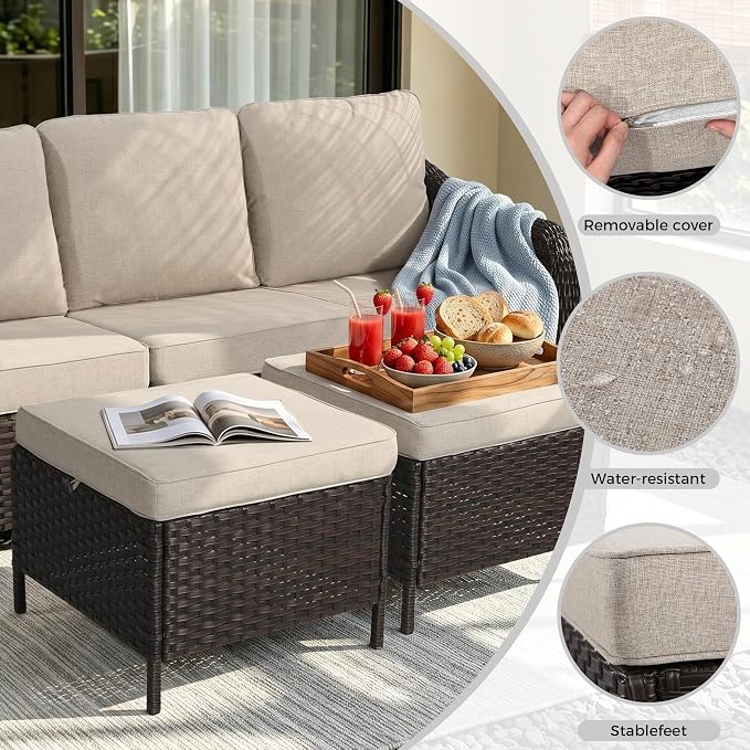 5 Piece Patio Wicker Conversation Set, All-Weather Use Outdoor Wicker Sofa with 2 PE Rattan Ottomans,2 Chair, Ideal for Porch, Backyard, Balcony, Poolside, Beige