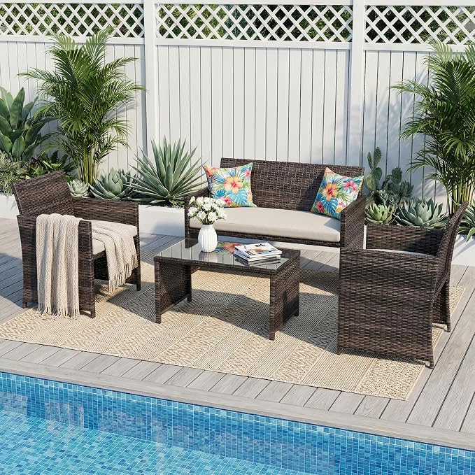 IDEALHOUSE 4 Piece Outdoor Wicker Patio Furniture Set, with Coffee Table & Seat Cushions for Backyard, Porch Seating