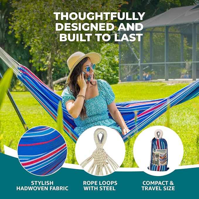 Bliss Hammocks 40" W Single Outdoor Hammock with Hand-Woven Rope Loops & Tree Straps, Patio, Durable, Cotton/Polyester, 220 Lbs Capacity, Patriot Stripe