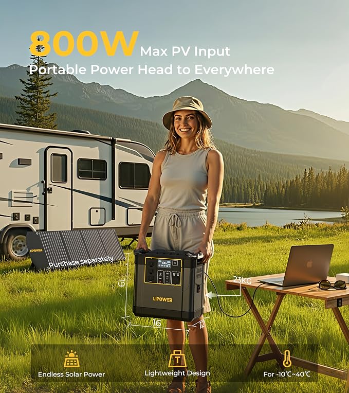 Lipower Power Station with 200W Solar Panel,2400W(4000W Peak) Portable Solar Generator, 2150Wh LiFePO4 Battery,1H Fast Charge, 25% High Efficiency & IP68 Waterproof Solar Panels for Camping