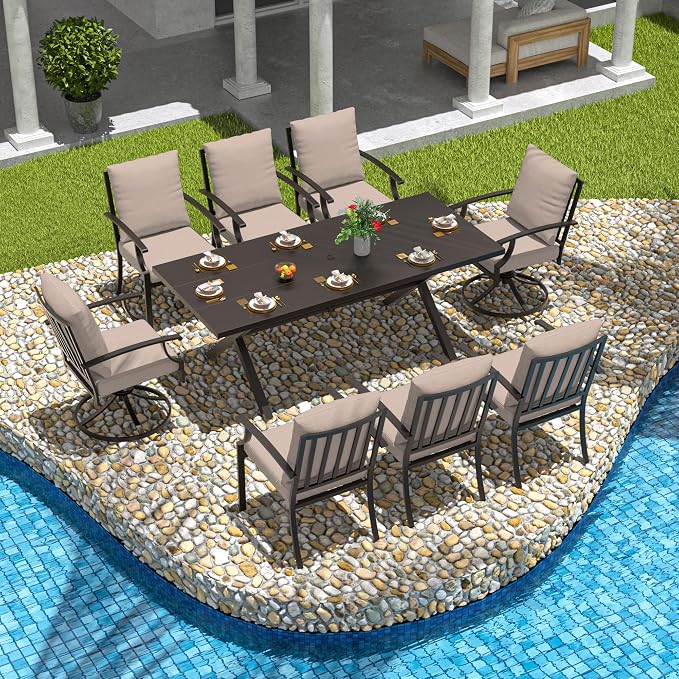9-Piece Patio Dining Set Outdoor Conversation Set,Metal Outdoor Furniture Set with Umbrella Hole Cut-Out 78.7" x 35.4" Table and 8 Metal Chairs for Backyard,Garden,Sand