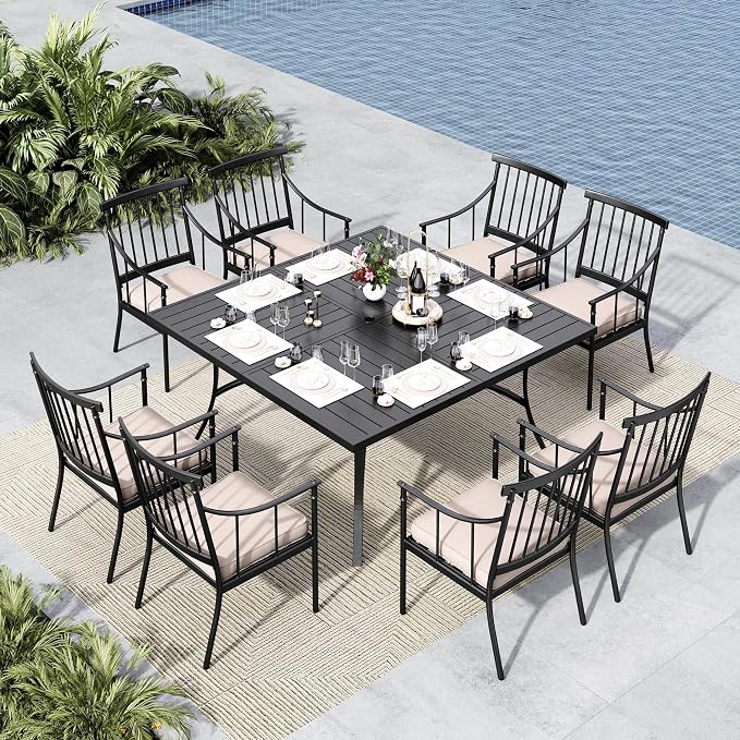MFSTUDIO 9 PCS, Patio Dining Set, 60"x60", Square Metal Table | 8 Cushions Metal Armchairs, 1.57" Umbrella Hole, Steel, Weather resistant, Removable cushions