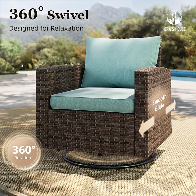 HERA'S HOUSE Patio Wicker Chairs Outdoor Swivel Rocker Chairs Set with Ottomans, 4 Piece Patio Seating Furniture Conversation Sets for Lawn Deck Porch Pool, Brown/Blue