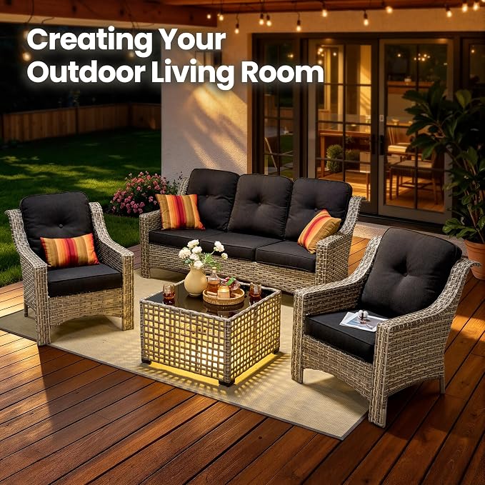 4 Piece Patio Furniture Set with Solar Light Coffee Table, Heavy Duty Wicker High Back Sofa Chairs with Thick Cushion, Small Outdoor Conversation Sets for Backyard Garden Porch, Black