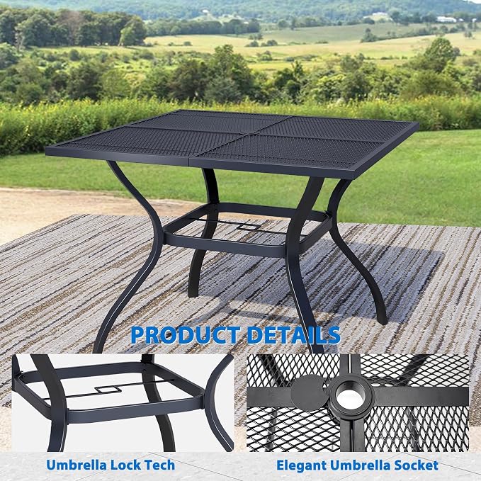 5-Piece Outdoor Dining Set, Square Metal Table with Light Blue Chairs, Black Patio Table with Umbrella Hole for Garden, Yard, Patio