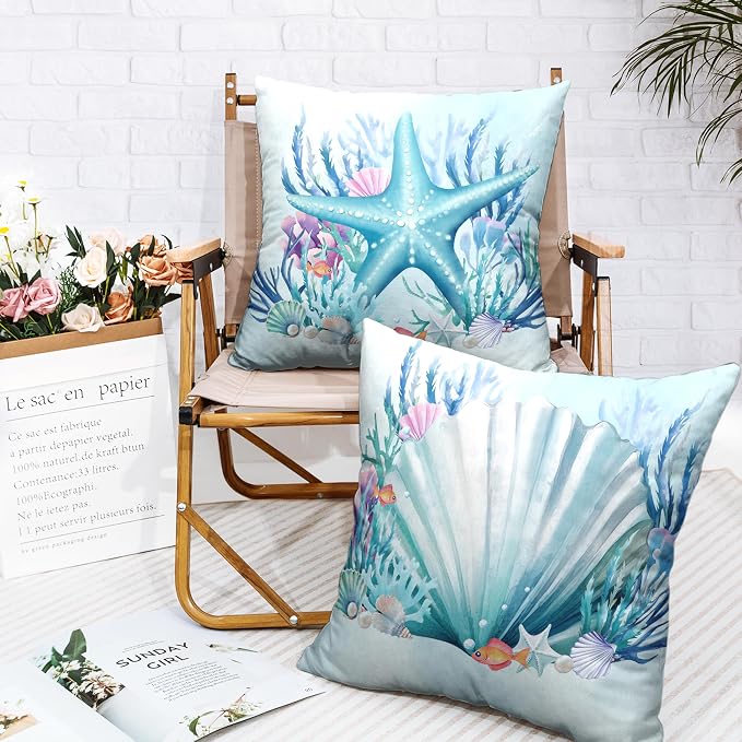Ocean Themed Coastal Pillow Covers Seashells Starfish Throw Pillow Covers 18x18 Set of 2 Blue Seaweed Coral Pillowcase Double Sided Printing Cushion Case for Patio Outdoor Sofa