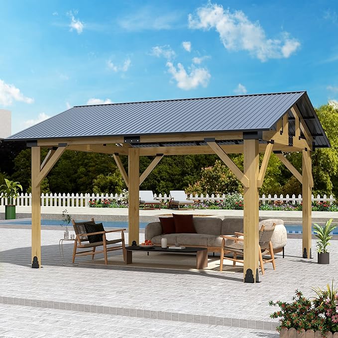 11' x 13' Wood Gazebo, Outdoor Cedar Wood Hardtop Gazebo with Galvanized Steel Roof, Wooden Frame Gazebos for Backyard, Patio, Deck