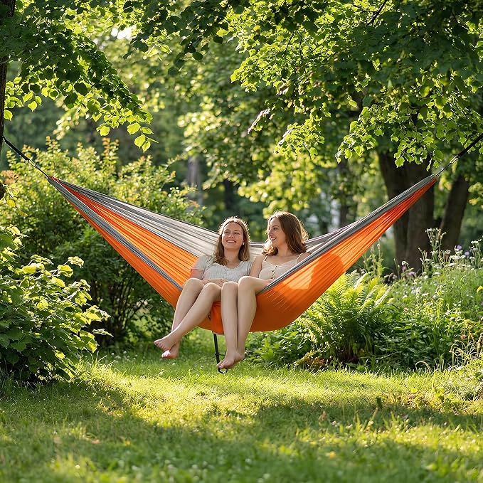Adult Double Camping Hammock, 10ft x 6.5ft (300x200cm), Orange and Gray, 210T Nylon, 500 Lbs Weight Capacity, Portable with Storage Bag, d-Rings & Wide Straps, Breathable & Durable for Outdoor, Campin