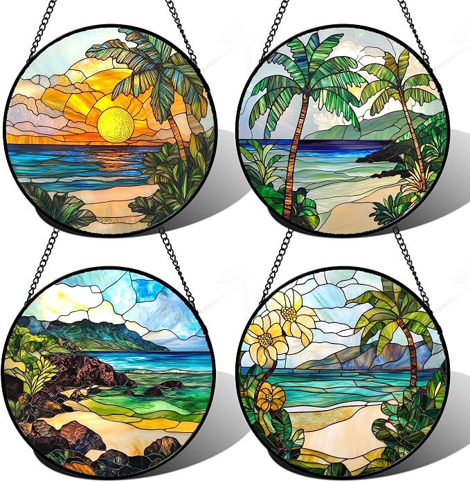 DASTOLL Stained Glass Window Hanging 4 Pcs Set Blue Ocean Coconut Tree Scenery Large 11.8" - Suncatcher Door Garden Sun Catcher Decor Birthday Christmas for Mom Woman Nana Men