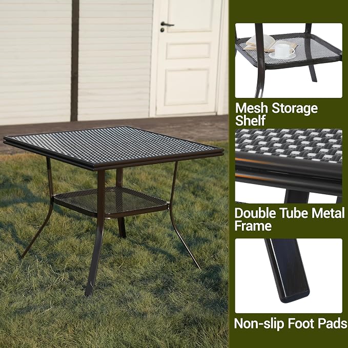 3-Piece Patio Dining Set, Outdoor French Country Bistro Table and Chairs, All-Weather Wicker Square Table & 2 Chairs w/Metal Frame, for Backyard Balcony, Black/White