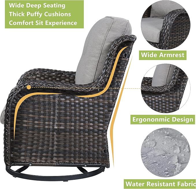 Rilyson Wicker Patio Furniture Set - 6 Piece Rattan Outdoor Sectional Conversation Sets with 2 Rocking Swivel Chairs,2 Ottomans,1 Sofa and 1 Loveseat for Porch Deck Garden(Brown/Grey)