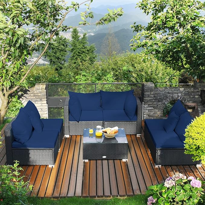 Tangkula 7-Piece Patio Furniture Set, Outdoor Sectional Wicker Sofa with Pillows and Cushions, Conversation Set with Coffee Table & Tea Table for Garden, Lawn (Navy Blue)