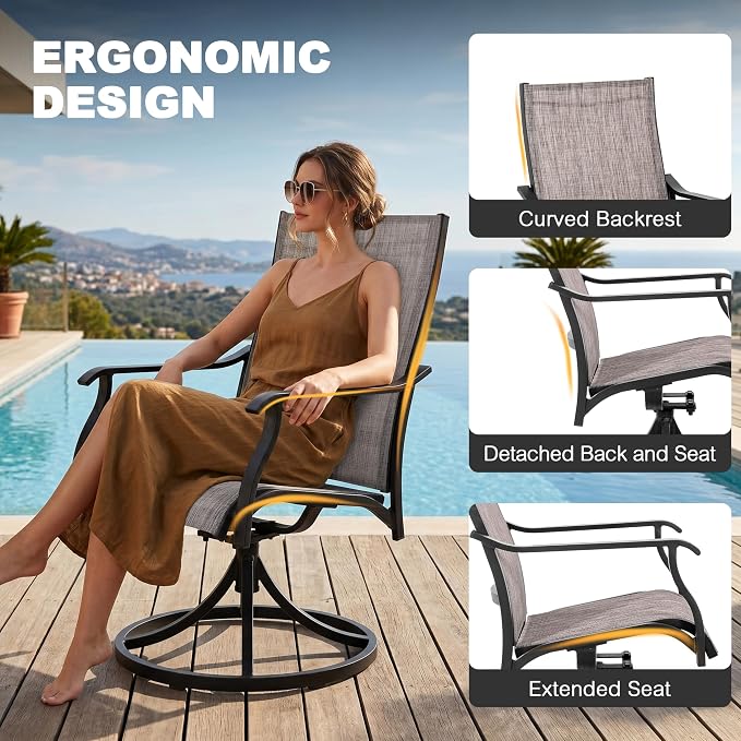 NUU GARDEN Outdoor Dining Set of 6, Aluminum Swivel Chairs, Grayish Brown | Rust-resistant patio set with aluminum tabletop. 6 quick-dry textilene swivel dining chairs with armrests