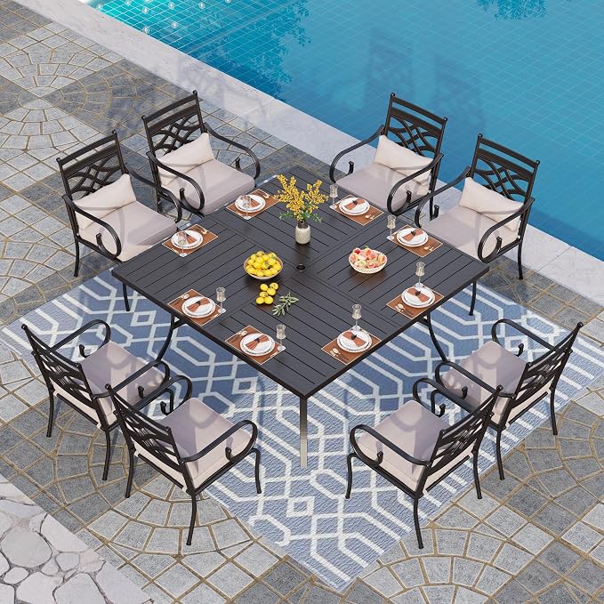 PHI VILLA 9 Piece, Outdoor Dining Set, 57.5" Square Table, Umbrella Hole | Wrought Iron, Iron Chairs, Cushions, Black, Weather-Resistant