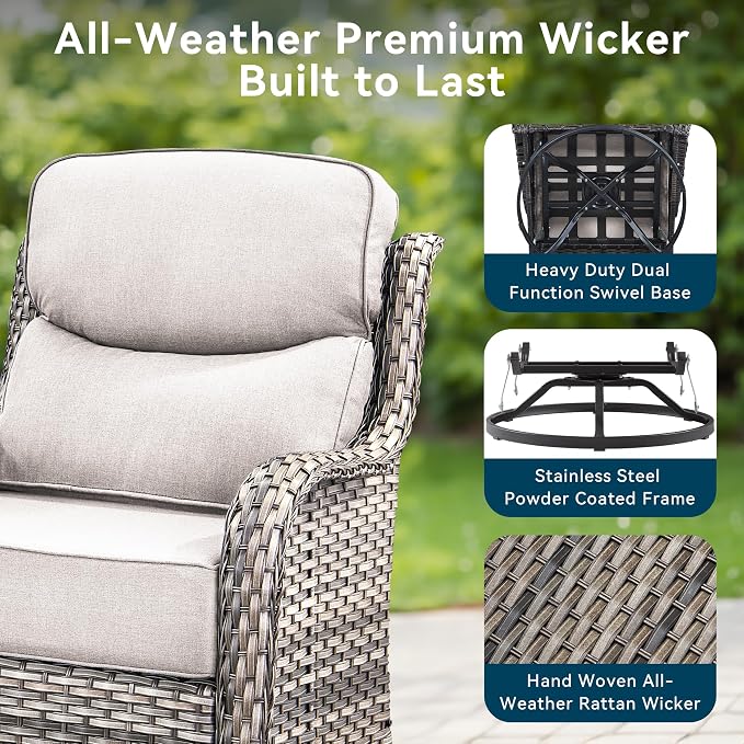 Luxury High Back Outdoor Swivel Rocker Patio Chairs with Side Table & 6-Inch Thick Cushions, 2 Pieces Patio Furniture Set for Porch, Balcony, Deck and Yard