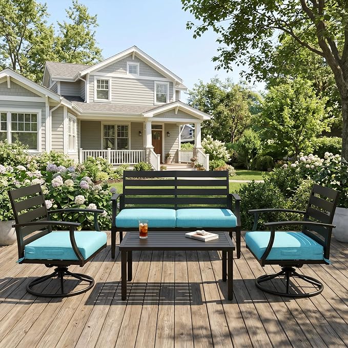 Aoodor Patio Chair Cushions Set of 4, 23 x 26 x 4 Inch Water Resistant Outdoor Seat Cushions with Handle and Ties, Square Corner Cushions for Patio Furniture Garden Lawn, Teal