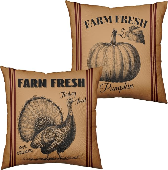 Fall Pillow Covers 24x24 Set of 2 Vintage Farmhouse Throw Pillow Covers Retro Farm Fresh Turkey Pumpkin Pillowcase Thanksgiving Cushion Case for Home Decor Couch Sofa