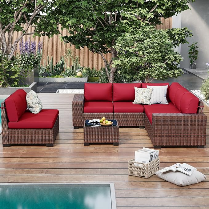 Outdoor Patio Furniture Set, 8‘’ Wide armrest Outdoor Sectional Rattan Sofa Set, Wicker Patio Furniture Sets w/Coffee Table,Thick Cushions and Cover for Porch, Balcony,Deck,8 PCS (Brown&Wine)
