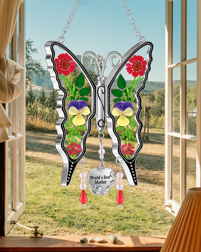 KY&BOSAM Gifts for Mom Suncatcher Butterfly Mom Gift Mothers Day World`s Best Mother Stained Glass Sun Catcher Hanging Wind Chime Ornament for Window Gift for Women Mother`s Day Valentine`s Birthday