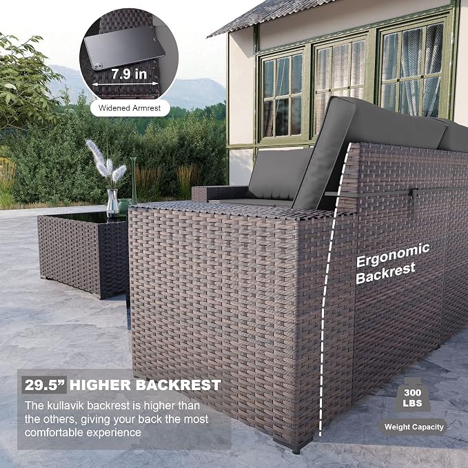 Kullavik Outdoor Patio Furniture Set 6 Pieces Sectional Rattan Sofa Set Brown PE Rattan Wicker Patio Conversation Set with 5 Seat Cushions and 1 Tempered Glass Table,Grey