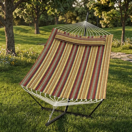 Double Hammock with Stand, Red Portable 2 Person Hammock with Curved Spreader Bar & Balance Ropes, Heavy Duty Steel Frame, Quilted Fabric Hammock Bed with Pillow for Outdoor Patio Backyard Camping