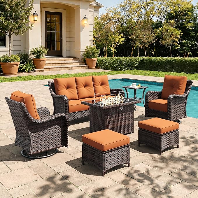 7 Pieces Outdoor Furniture Set with 6-inch Cushions, High Back Wicker Swivel Rocker Chairs with Fire Pit Table, Luxury Conversation Set for Deck Patio and Poolside
