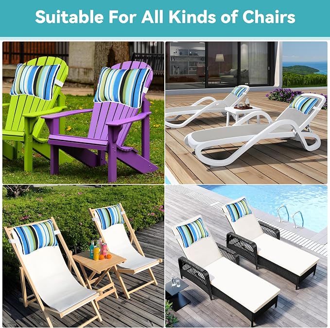 Enipate Outdoor Pillow for Chaise Lounge Chair Pack of 2 Water Resistant Headrest Lumbar Pillows with Adjustable Elastic Strap Removable Machine Washable for Pool Patio Beach Chair Garden Furniture