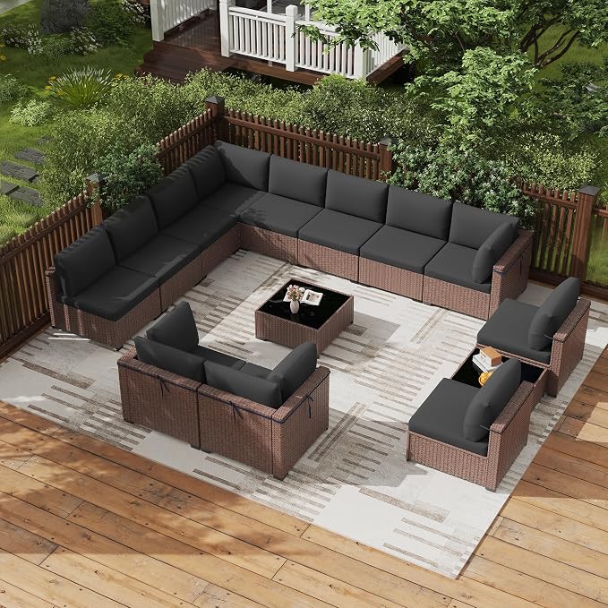 KIGOTY 14-Piece Patio Furniture Set, All-Weather PE Rattan Outdoor Sectional Sofa, Modular Wicker Conversation Set with Thick Cushions & Easy-Clean Coffee Table（Brown/Dark Grey）