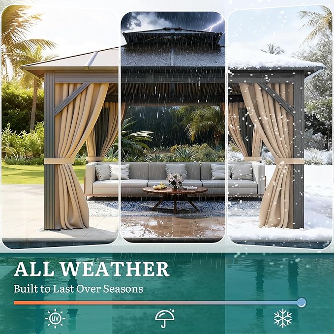 YITAHOME 10X10FT Polycarbonate Gazebo Outdoor Patio Double Top Canopy Galvanized Iron Aluminum Column Garden Tent Curtains Netting for Backyards Decks Lawns,Brown
