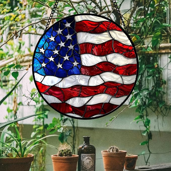 DASTOLL Stained Glass Window Hanging, Blue, White Red National Flag Pattern Sun Catchers Diamond Glass Panel Window Hangings Decor for Birthday Gifts for Women, Men, and Mom 14.9x14.9IN