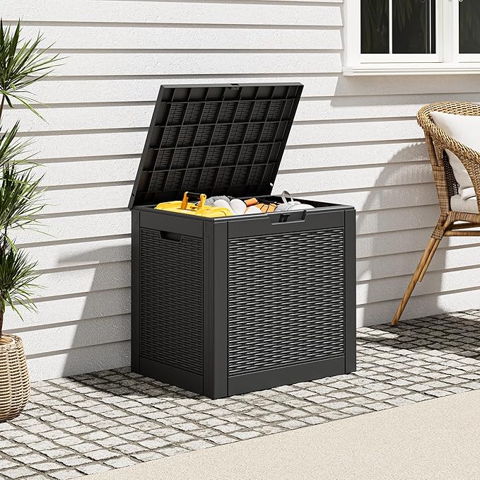 Outdoor Storage Box, Resin Deck Boxes Indoor and outdoor, Waterproof Storage Box Lockable Lid (Black,32 Gallon)