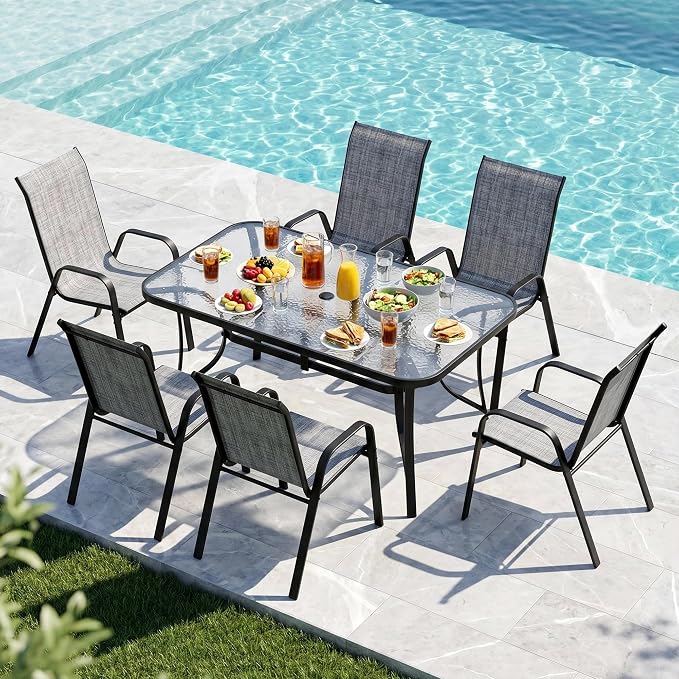 MAMIZO 7 Pieces Patio Dining Set for 6, Outdoor Table and Chairs w/Rectangle Glass Table and 6 Textilene Stackable Chairs, Patio Furniture Set w/1.69" Umbrella Hole (Black Table & Grey Chair)