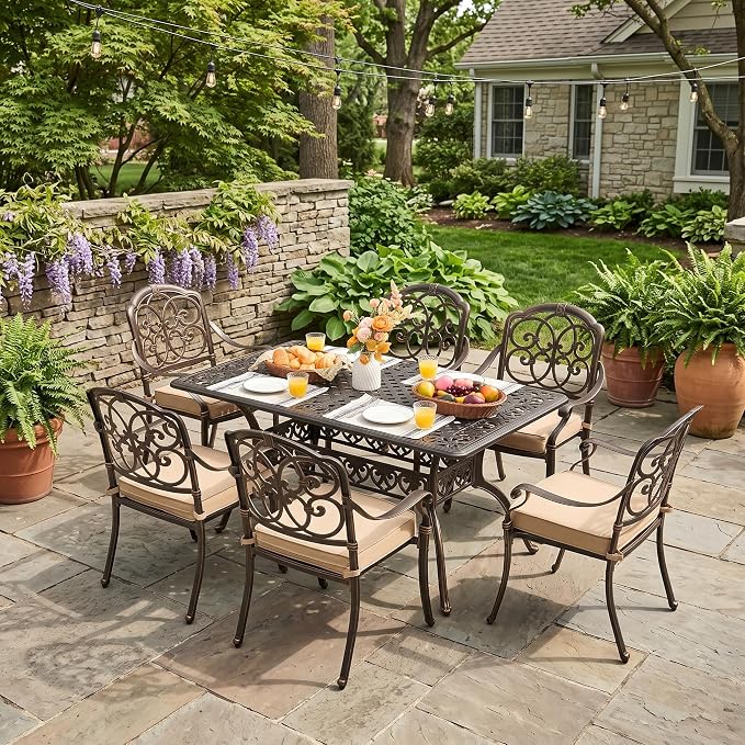 7-Pcs Cast Aluminum Patio Dining Set,59" Rectangular Table,Bronze | Outdoor Furniture Set Include Dining Table and 6 Stackable Chairs with Cushions & Umbrella Hole