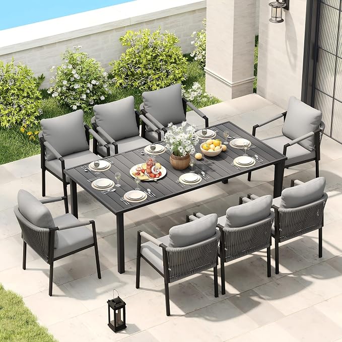 Patio Dining Set, 9-Piece Woven Rope Rattan Dining Table and Chairs Set | Metal Woven Wicker Rope Chairs with Cushions, All-Weather PE Rattan Outdoor Dining Set for Lawn Garden