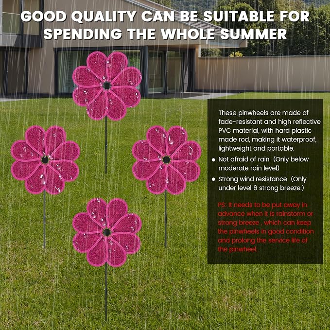 4 PCS 11.4" W x 28" H Reflective Pinwheels Sparkly Lawn Wind Spinners Colorful Rainbow Windmill for Garden Decoration Bird Devices Deterrent to Scare Birds Away（Rose Red）