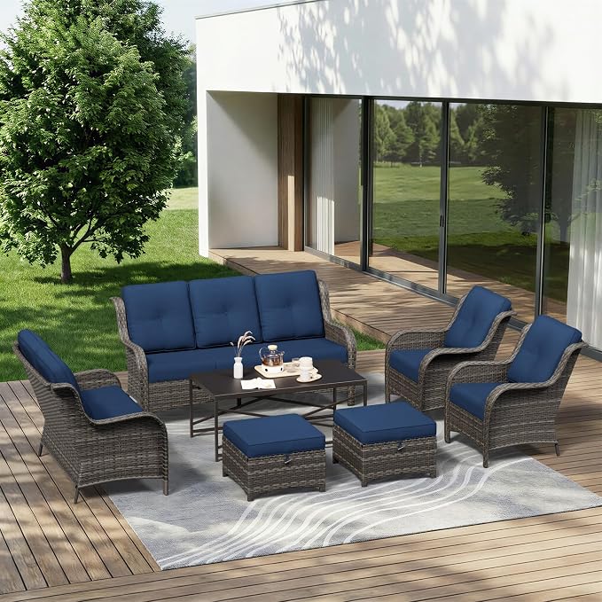 7 Piece Outdoor Wicker Patio Furniture Set, Patio Chairs Set with Thickened Olefin Cushions, High Back and Deep Seating, Hand-Woven PE Rattan, Ottoman for Porch, Deck