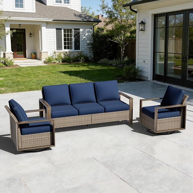 Wicker Patio 75" Sofa Set with 2 Swivel Chairs, All Weather Rattan Outdoor Conversation Furniture Set with Wood-Looking Metal Armrest & Removable Cushions for Backyard Porch, Dark Blue