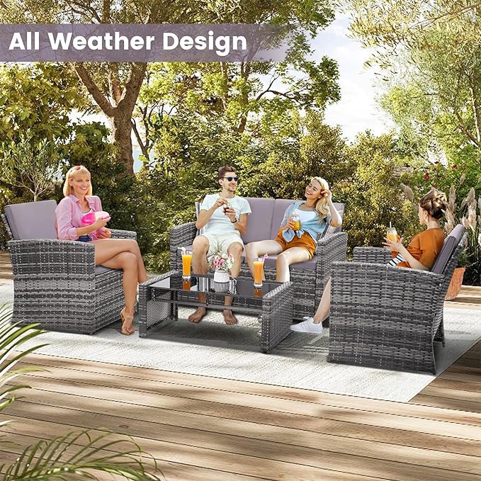 KROFEM 4-Piece Patio Furniture Set, Wicker Outdoor Rattan Sectional Sofa with Cushions and Glass Table, All-Weather Outdoor Conversation Set for Garden, Porch, Backyard, Patio, Light Grey