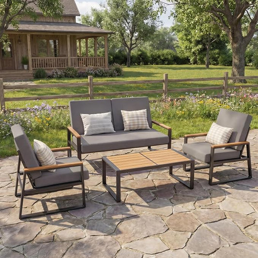 Gizoon 4-Piece Outdoor Patio Furniture Set with Coffee Table and Removable Cushions, Metal Patio Conversation Set for Family, Yard, Poolside (Gray)