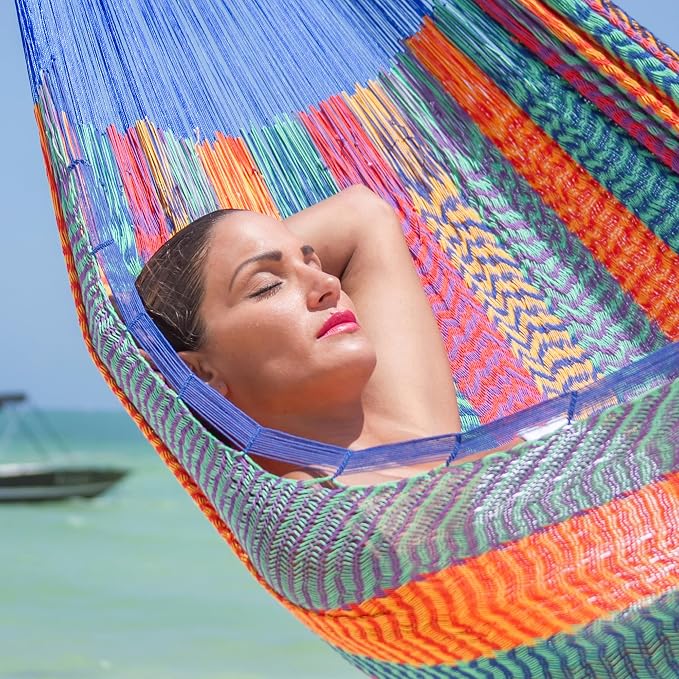 NOVICA Artisan Cool Lagoon Striped Mayan Hammock, Handmade Blue and Green Nylon Rope Double Hammock from Mexico, Bed 78" L x 78" W, Total 158" L