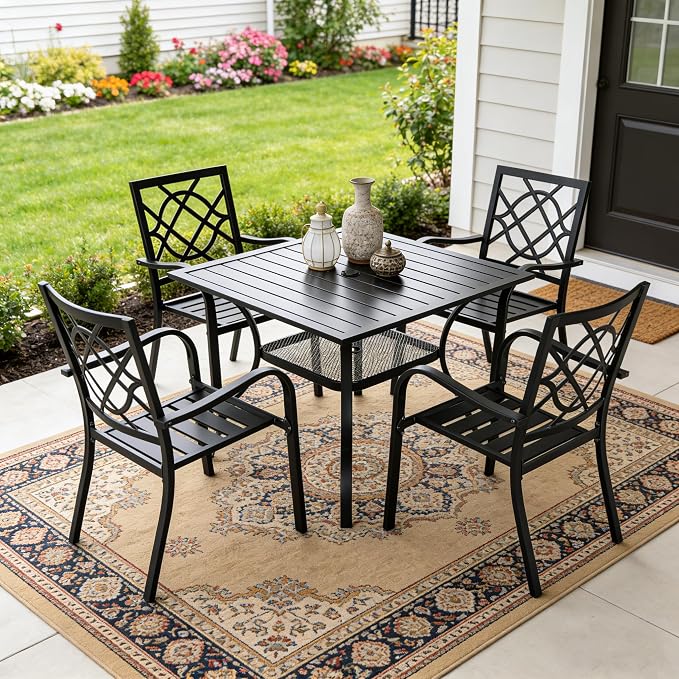 SUNCROWN 5-Piece Outdoor Wrought Iron Chairs and Table Patio Dining Furniture Set - 4 Stackable Metal Chairs, 1 Steel Slat Bistro Table for Garden Backyard Deck