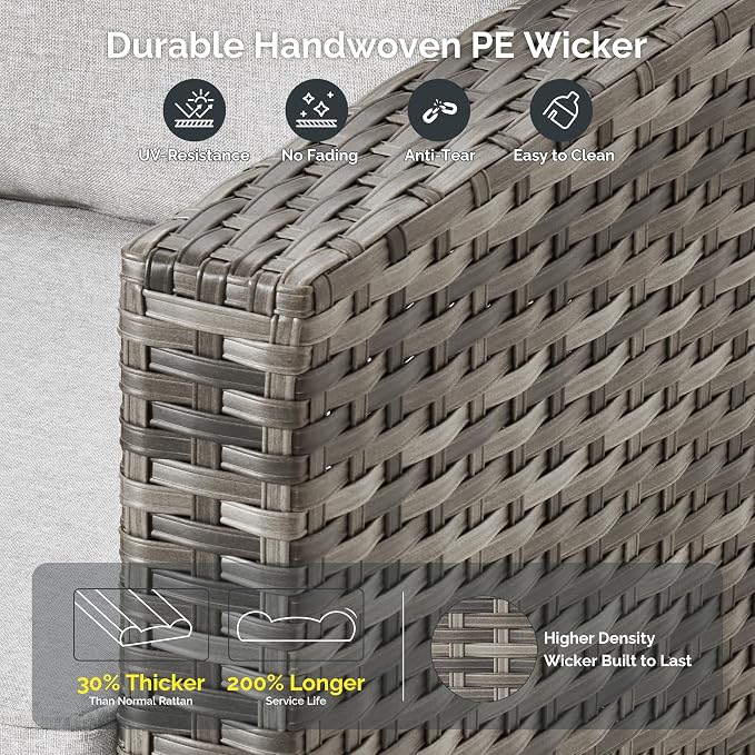 8 Piece Wicker Patio Furniture Set with Solar Table, Gray | Outdoor Deep Seating Sofa Chair Ottoman, Solar Lights Table, All Weather Rattan, Modern Conversation Set, Porch Deck Backyard